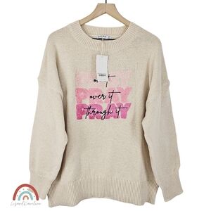 New! Love in Faith Pray Oversized Pink Embroidered Cream Knit Crewneck Sweater